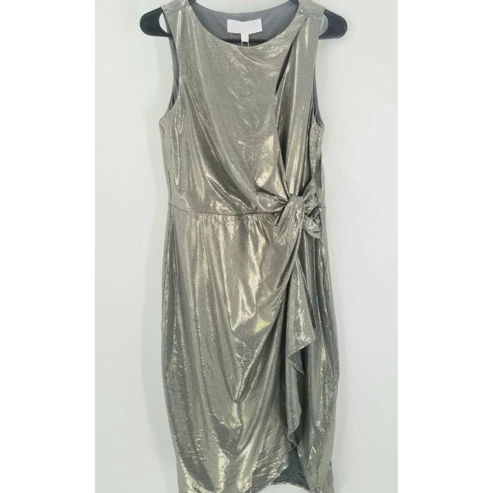 NEW Superfoxx Women's Party Dress Metallic Draped Midi Scoop Neck Sleeve…